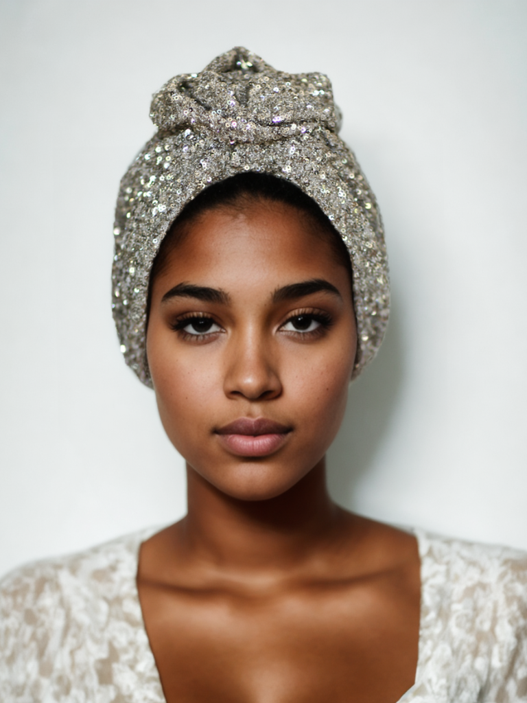 Glamour Silver Turban Head Wrap – Rona Hand Made Turbans display picture 1