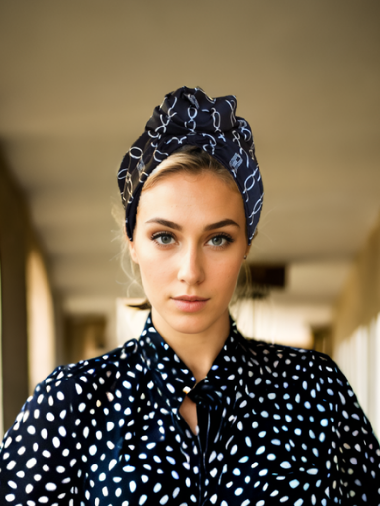 Black Chain Print Flower Turban