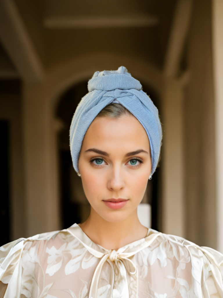 Ice Blue Ribbed Flower Turban