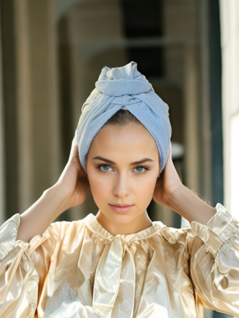 Ice Blue Ribbed Flower Turban