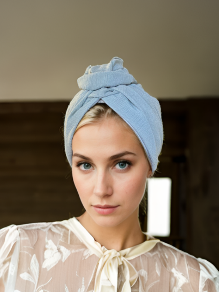 Ice Blue Ribbed Flower Turban