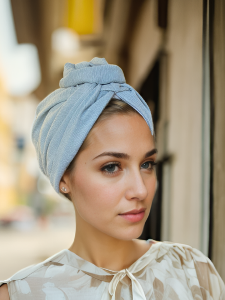 Ice Blue Ribbed Flower Turban