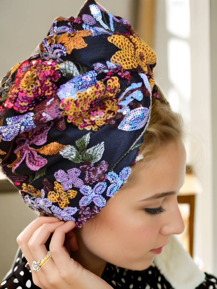 Black Turban with Colorful Embroidery