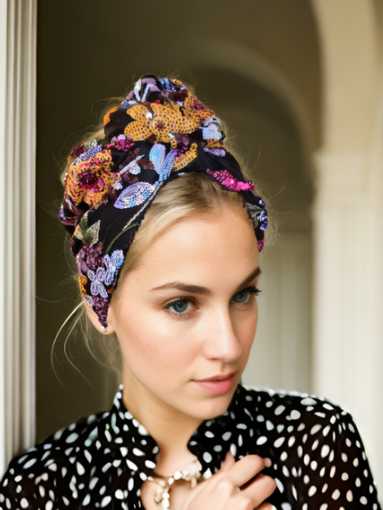 Black Turban with Colorful Embroidery
