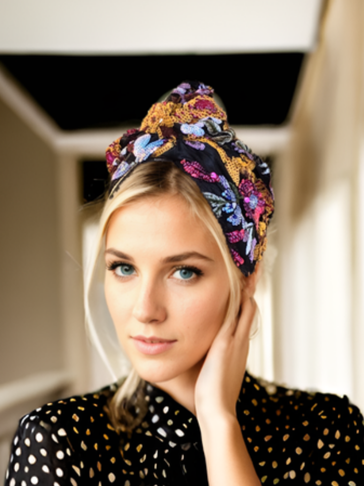 Black Turban with Colorful Embroidery