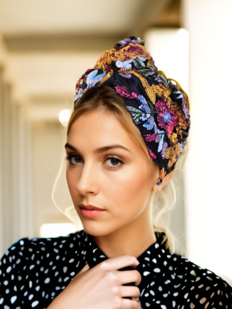 Black Turban with Colorful Embroidery