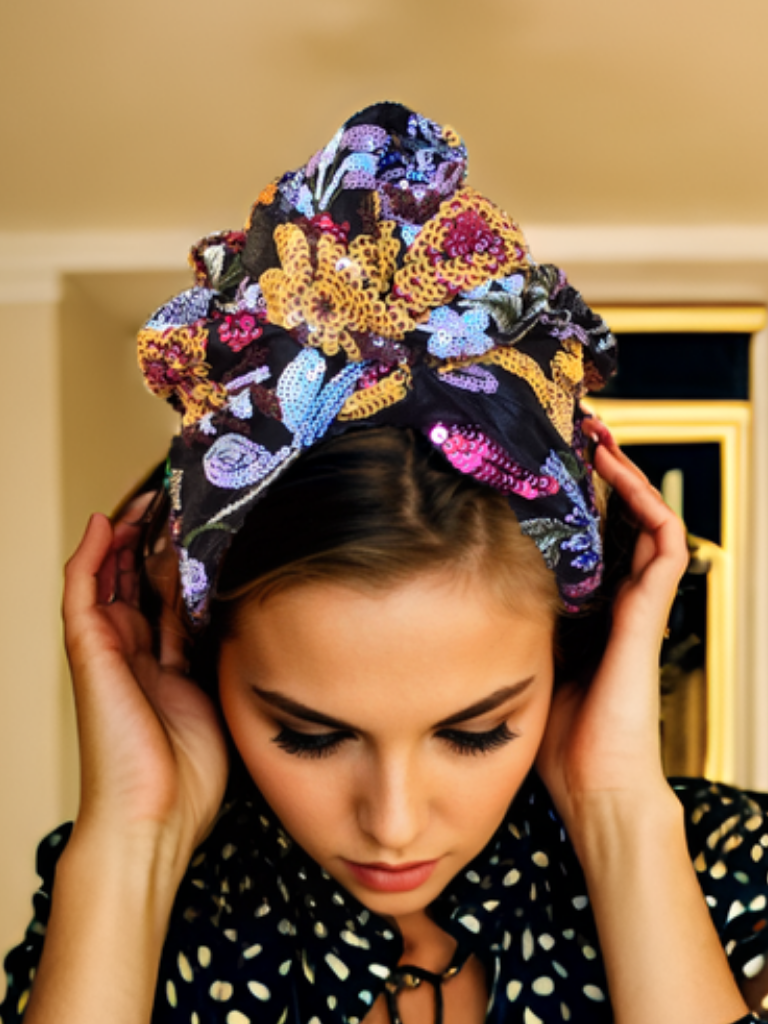 Black Turban with Colorful Embroidery