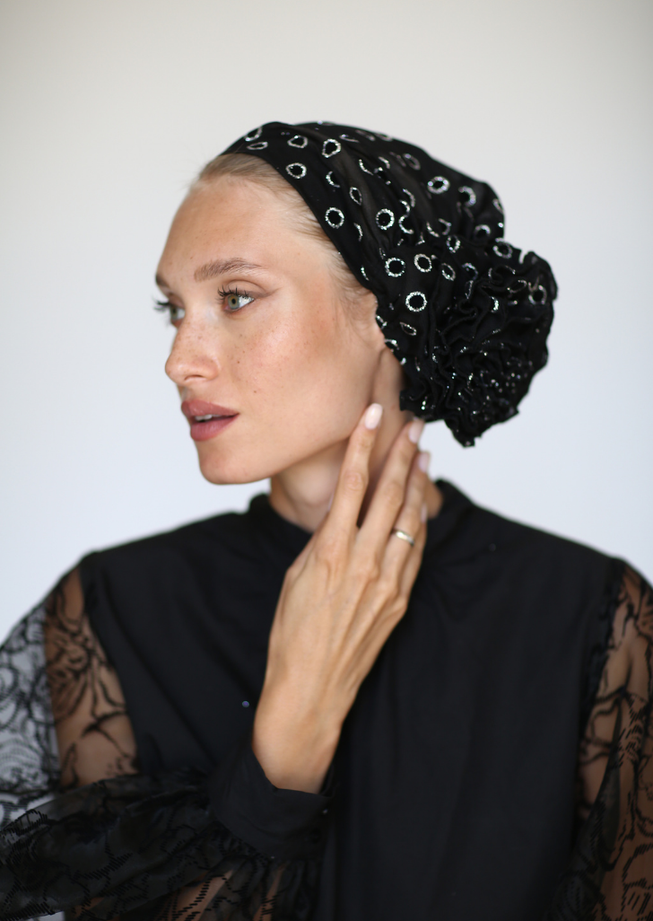 Black& silver dots 3T ROSE TURBAN-FREE GIFT