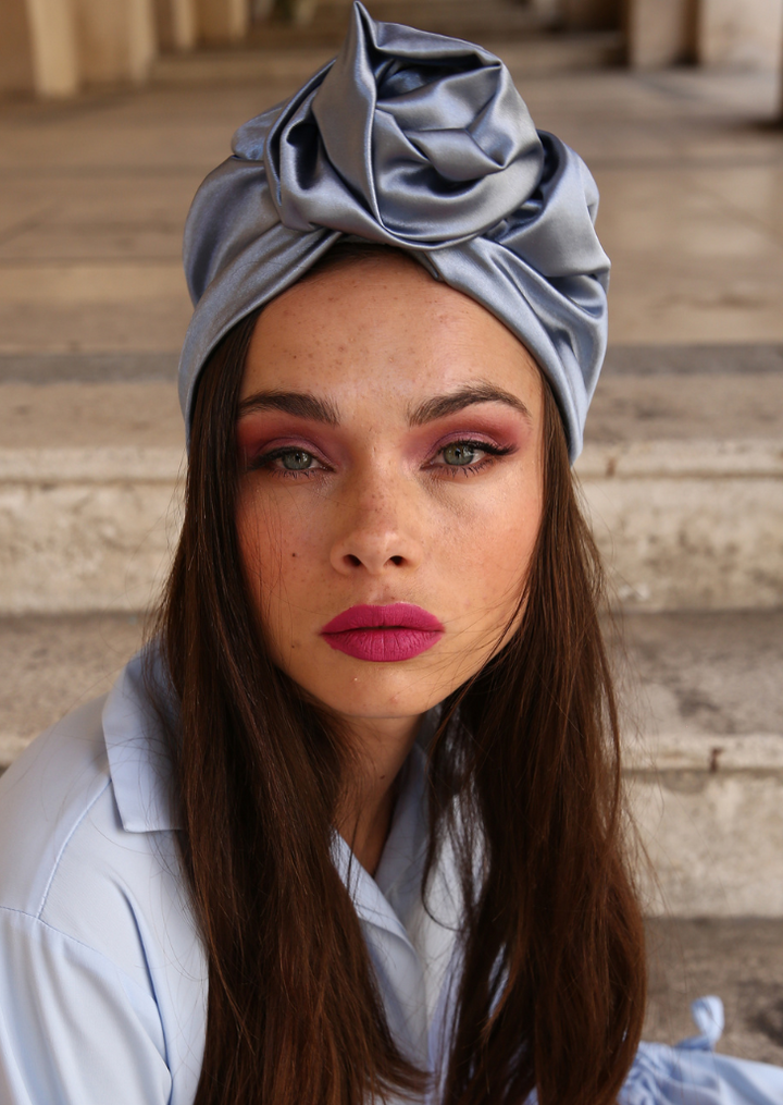 Flower silk Turban in Turquoise