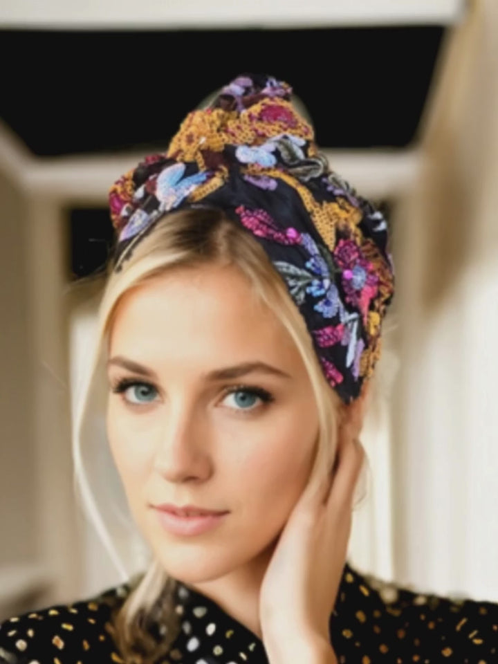 Black Turban with Colorful Embroidery