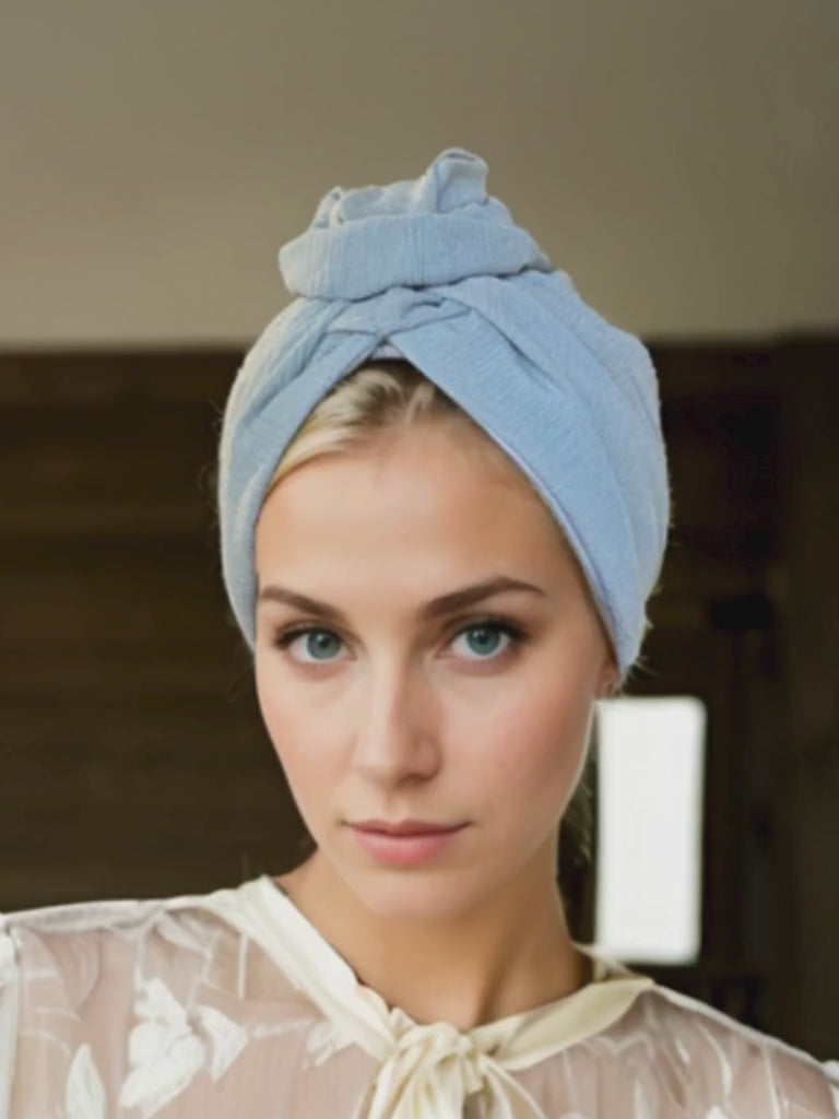 Ice Blue Ribbed Flower Turban
